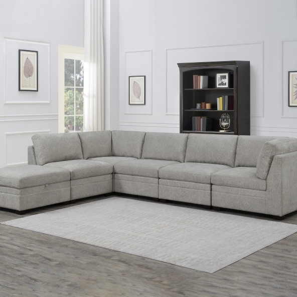 Tisdale Light Grey 6-Piece Modular Fabric Sectional with Storage Ottoman