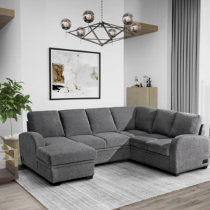 Aria Sleeper Sectional with Storage Chaise and Power Outlets – Gray