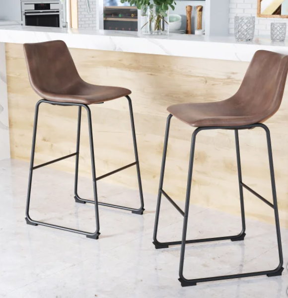 Kai 29” Brown Leather Barstool, 2-pack