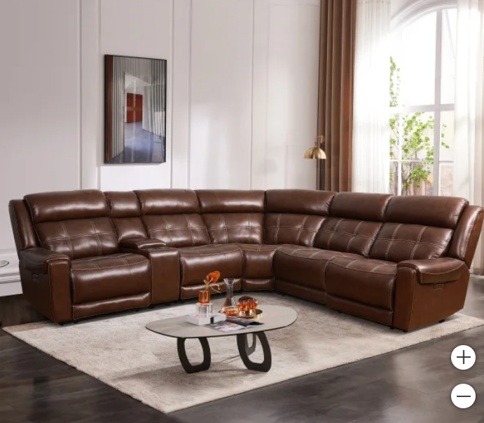 Concord 6-Piece Power Reclining Leather Sectional with Chaise, USB Ports & Storage Console
