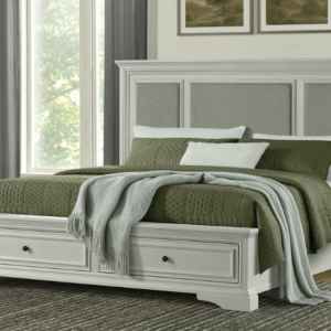 Anistyn Wood Bed Frame with Upholstered Headboard, Gray Finish